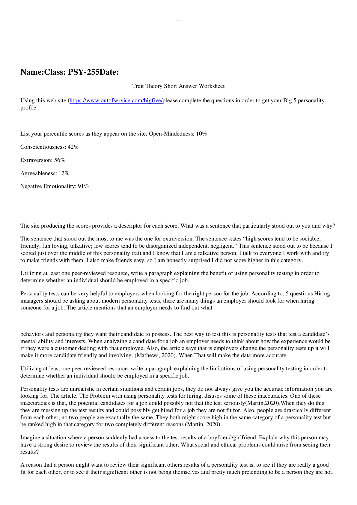 Preview image for PSY 255 Trait Theory Short Answer Worksheet